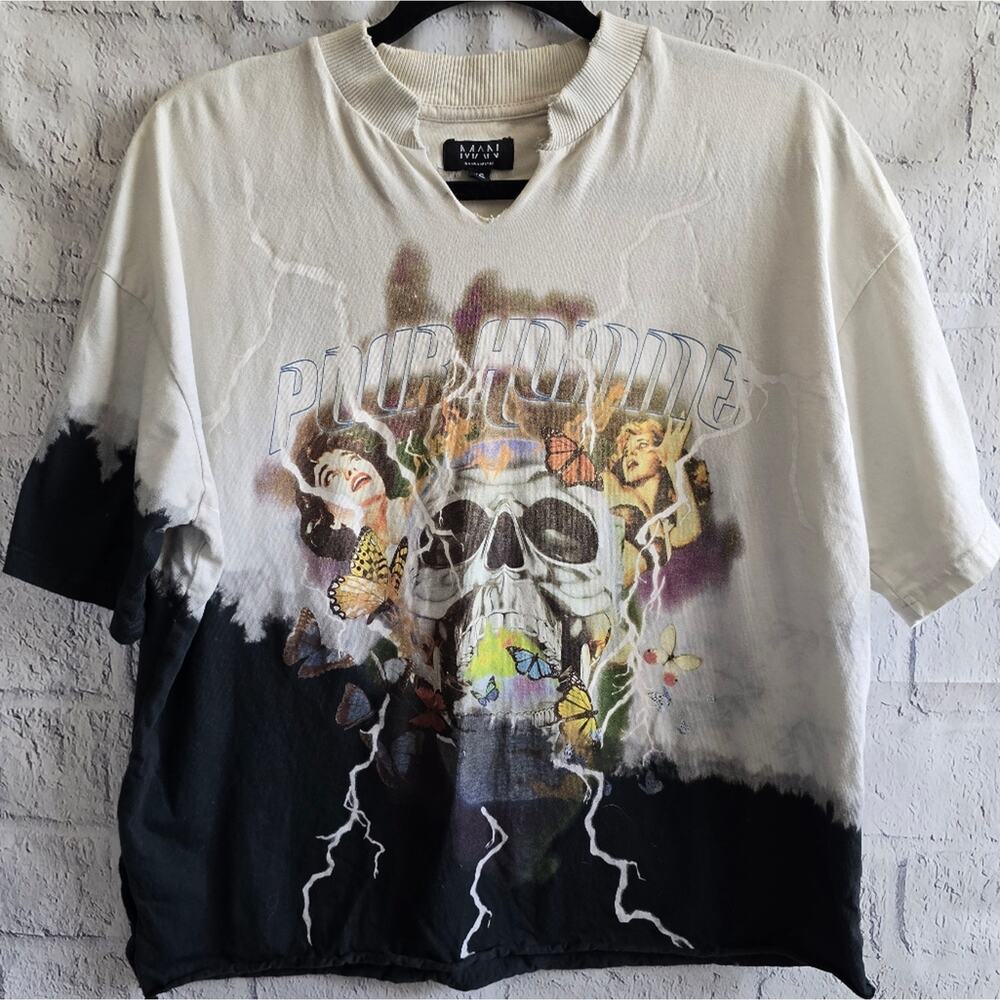 BoohooMAN REWORKED Homme Skull Graphic Bleached Shirt Black And White Men's XS